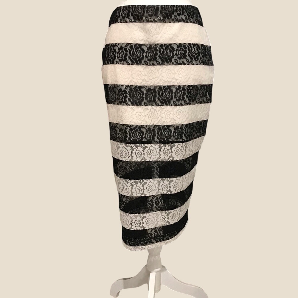 Express Black and White Lace Striped Pencil Skirt - Picture 3 of 10